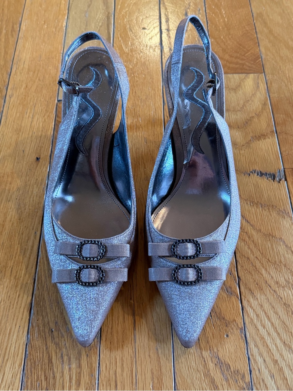 New Nina Women’s Sz 8 Pointed-Toe Slingback Heels Metallic Taupe Rhinestone Bow